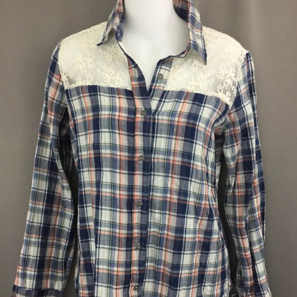 Paper Crane Blouse Button Up Lace Plaid Blue Sz S
